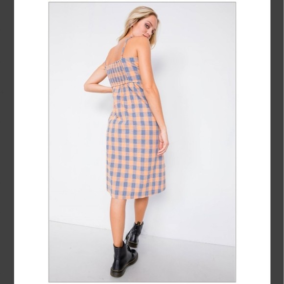 Gilli Orange & Blue Plaid Sleeveless V-neck Midi Dress w/Pockets NEW - Picture 5 of 8